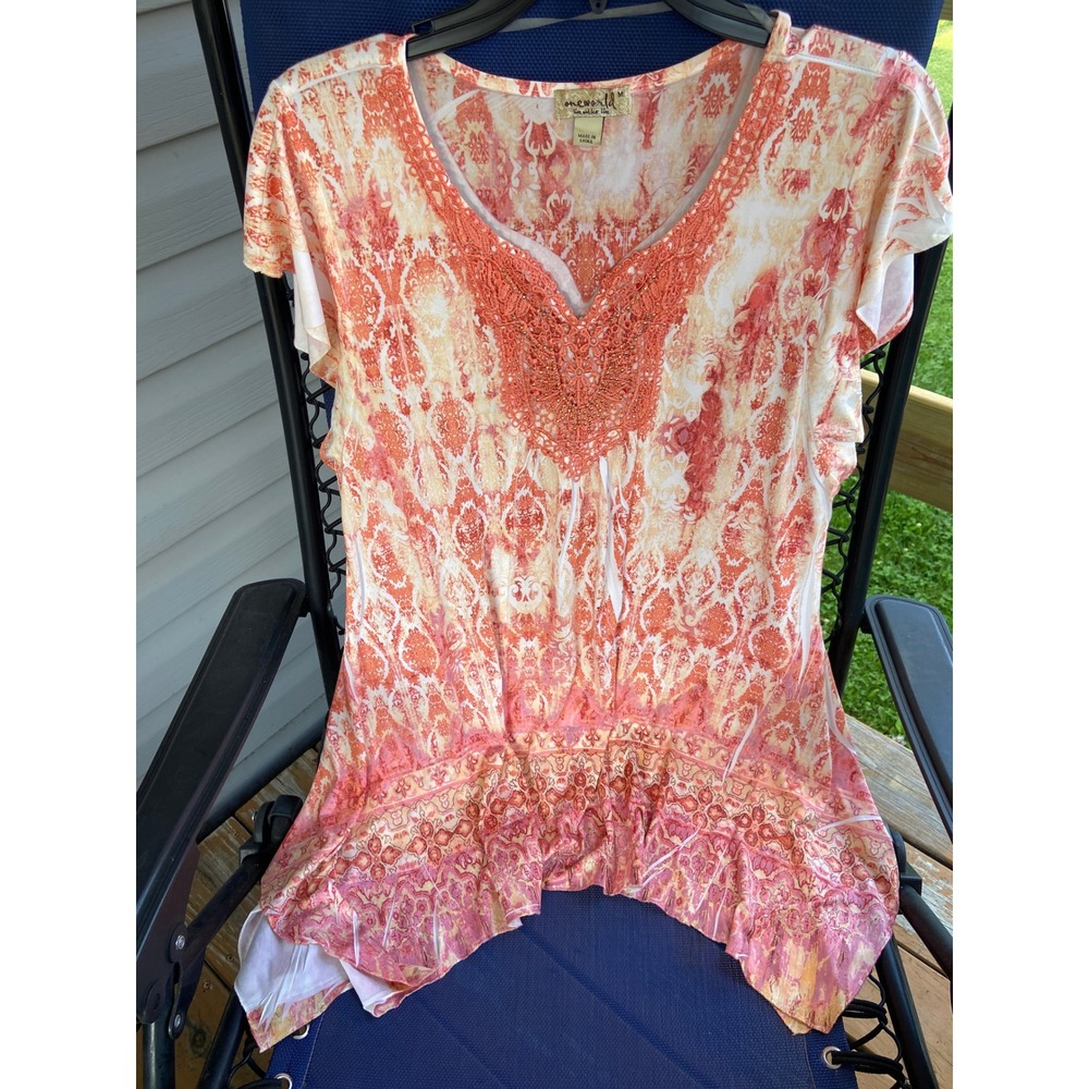 One World Orange Pink Damask Crochet Bead Sharkbite Hem Tunic Top Womens Medium